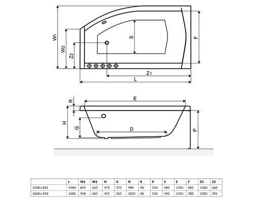 Cada de Baie Asimetrica pe Colt Radaway Sitera, 95x160x47,5 cm, Colt Dreapta, Acril, Alb, WA1-32-160X095P