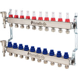 Distribuitor-Colector Fornello, echipat cu debitmetre, robineti si aerisitoare, inox, filet interior, 10 cai, 1"