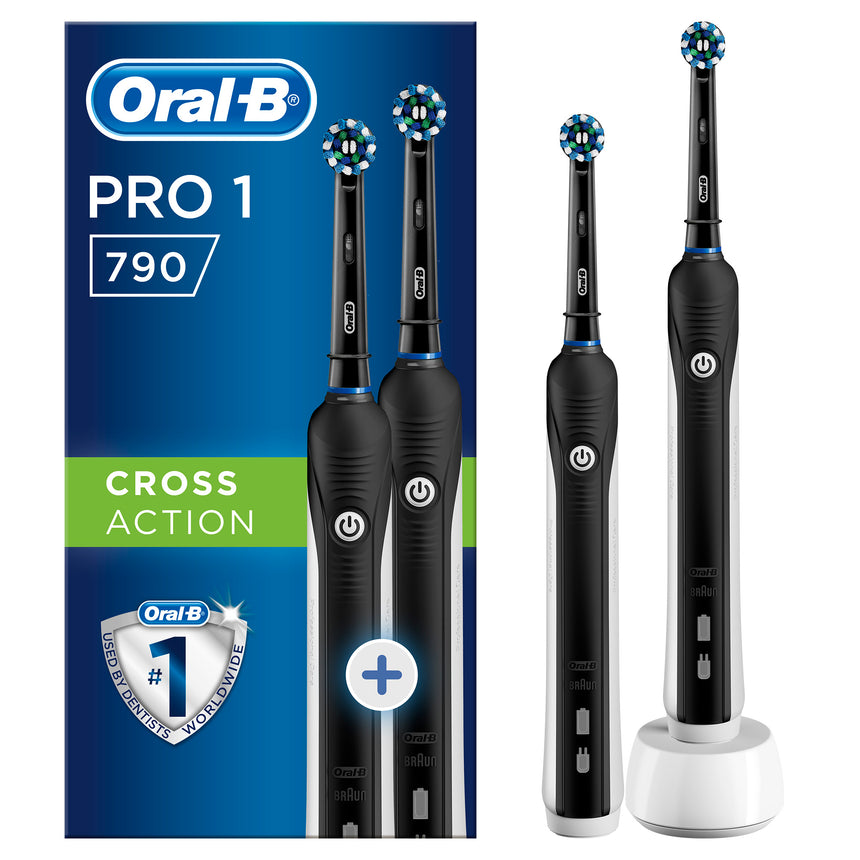 Set 2 x Periuta de dinti electrica Oral-B PRO 1 790 Cross Action, 40000 pulsatii/min, 8800 oscilatii/min, Curatare 3D, 1 program, 2 capate, 1 incarcator, Negru