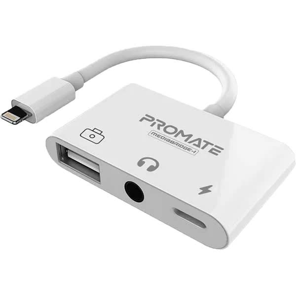Adaptor Audio PROMATE MediaBridge-i, Lightning - Type C/USB/Jack 3.5mm, Alb