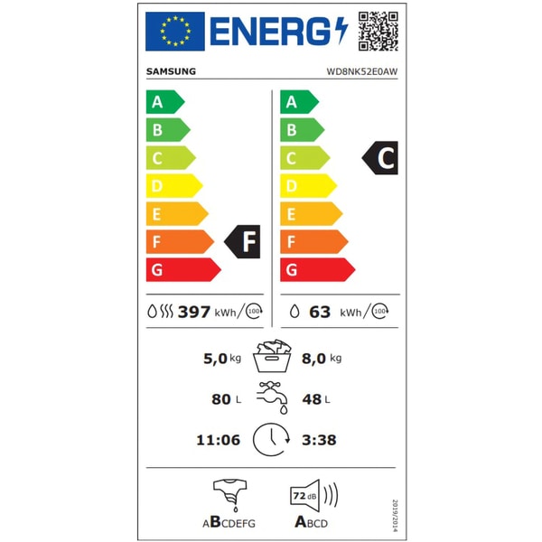 Masina de spalat rufe cu uscator Samsung WD8NK52E0AW/LE, 1200 RPM, 8 kg spalare, 5 kg uscare, Tehnologie Digital Inverter, Eco Bubble, Clasa F