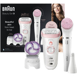 Epilator Braun Silk-épil 9 9/975 BS Beauty Set, SensoSmart™, Micro-Grip, Wet & Dry, 40 pensete, 2 viteze, cap de ras, Braun FaceSpa cu 4 accesorii, Suport alimentare, manusa calmanta, Saculet de voiaj, Alb/Roz