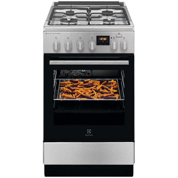 Aragaz Electrolux LKK560208X, Mixt, 4 arzatoare gaz, Cuptor electric multifunctional, SteamBake, AirFry, Aprindere integrata, Grill electric, Clasa A, 50 cm, Inox