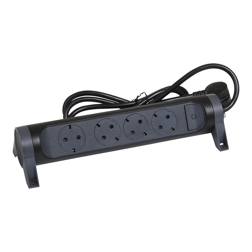 Prelungitor rotativ Legrand Revolution L694537, cu intrerupator iluminat, 4 prize, sectiune cablu 3x1.5mm, cordon 3m, Negru/Gri