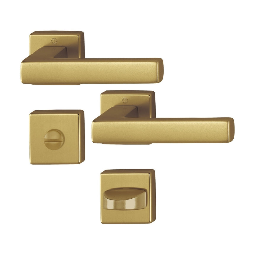 Maner usa interior, Hoppe Toulon, cu rozeta patrata pentru baie, material aluminiu, culoare bronz, 128x49mm