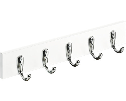 Cuier De Perete Cu 5 Carlige Hettich Country 400x60x60 Mm, Lemn Vopsit Alb/zamac Nuanta Inox