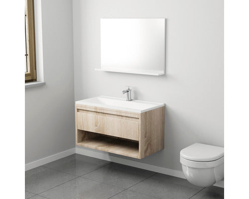 Set Mobilier Baie, Esma 85, Include Baza Lavoar si Lavoar Ceramic, 85 cm, Stejar Natur
