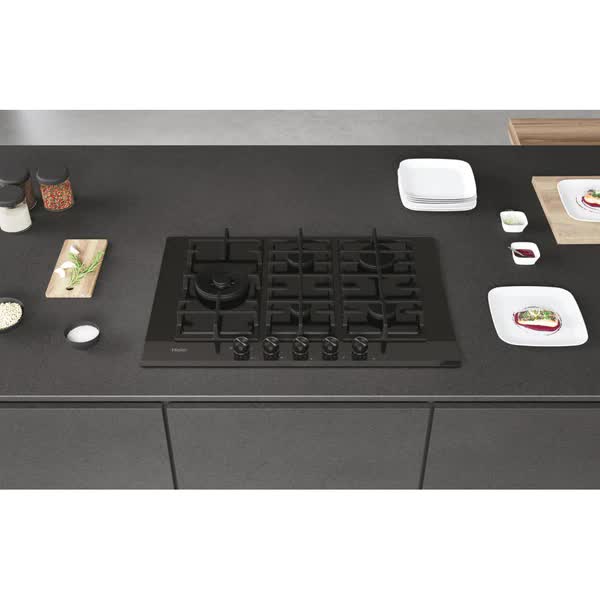 Plita incorporabila Haier HAVG7WL4HB, Gaz, 5 arzatoare, Aprindere electrica, Gratar fonta, Wok, 75 cm, Sticla neagra