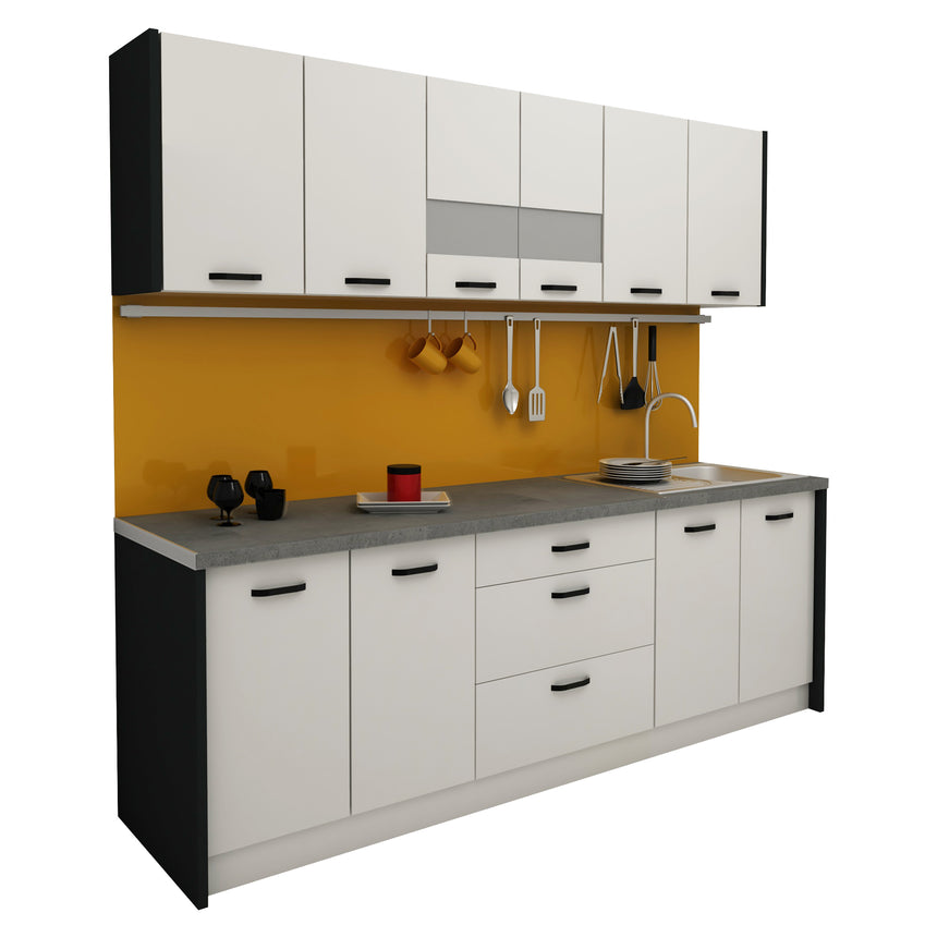 Bucatarie haaus Lima, Alb lucios/Negru, MDF, L 235 cm