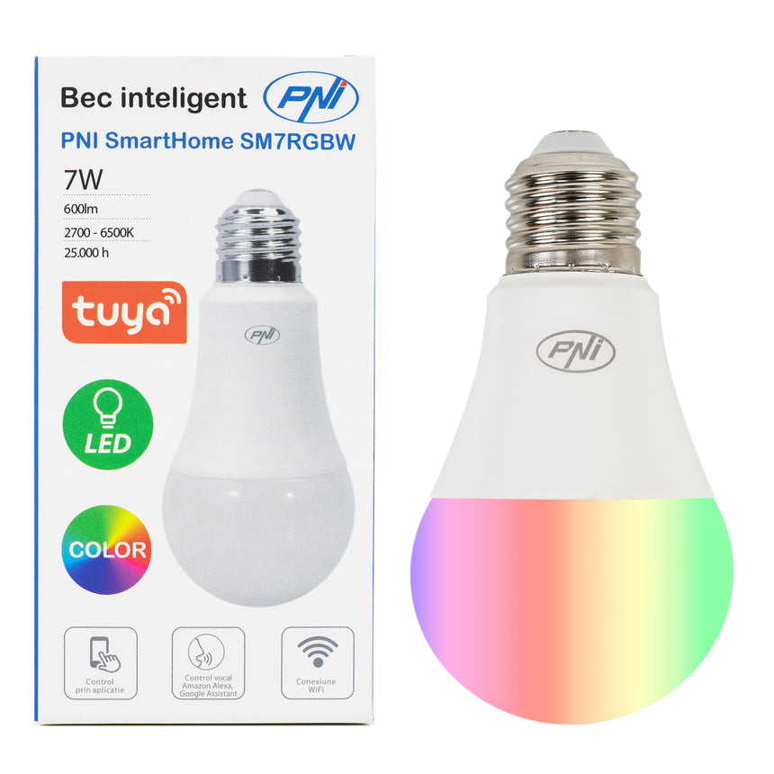 Bec LED RGBW inteligent PNI SmartHome SM7RGBW, Wi-Fi, E27, 7W, lumina alba si colorata, App Tuya Smart, compatibil Amazon Alexa/Google Home, clasa energetica F