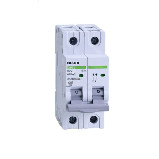 Siguranta automata modulara NOARK 102156, din plastic, 2P, 2module, amperaj 25A, clasa de protectie IP 20, tensiune alimentara 400 V, curba C, Alb
