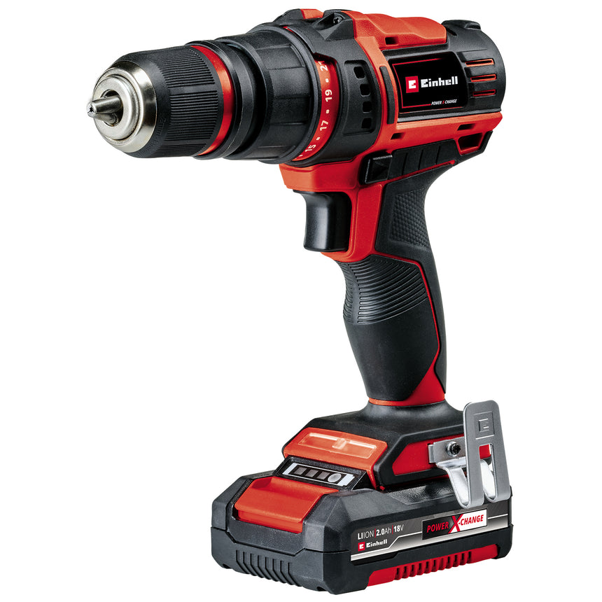 Masina de gaurit/insurubat (bormasina) pe acumulator Einhell Power X-Change TE-CD 18/45 3X-Li +22, 18 V, 1600 RPM, 45 Nm, 21 trepte de cuplu, 13 mm mandrina, acumulator 2 Ah, incarcator
