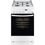 Aragaz Zanussi ZCK57201WA, Mixt, 4 arzatoare, Grill, Cuptor electric, 6 functii, Aprindere electrica, 54 l, 50 cm, Alb