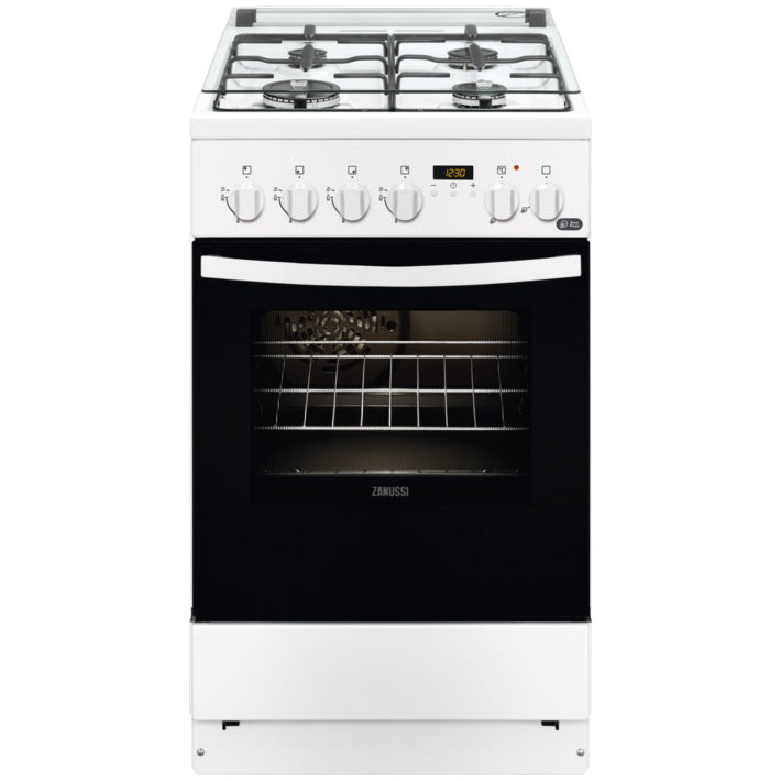 Aragaz Zanussi ZCK57201WA, Mixt, 4 arzatoare, Grill, Cuptor electric, 6 functii, Aprindere electrica, 54 l, 50 cm, Alb