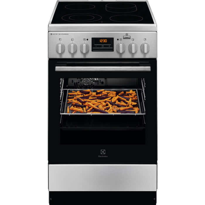 Aragaz Electrolux LKR560000X, Vitroceramica, 4 zone de gatit, Cuptor electric multifunctional, SteamBake, AirFry, Autocuratare catalitica, Grill electric, Clasa A, 50 cm, Inox