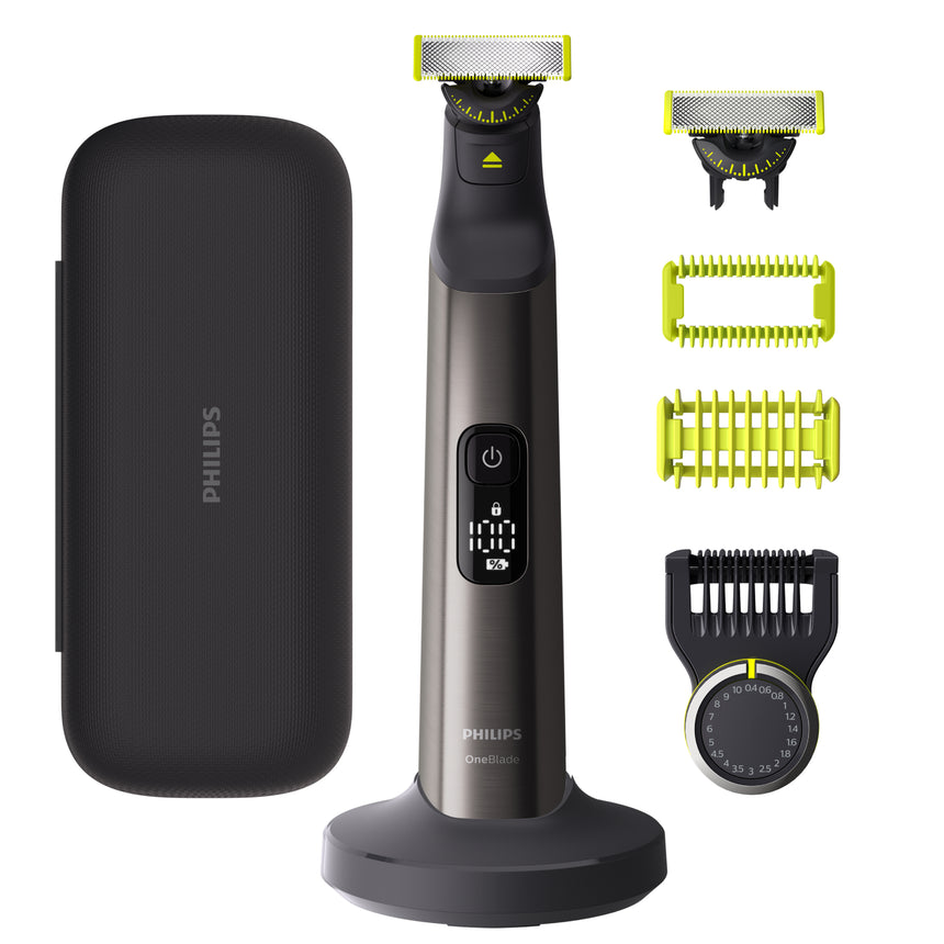 Aparat de ras (0,2mm) si tuns (0,4-10mm) PHILIPS OneBlade Pro QP6652/61, Fata&corp, pieptene cu 20 de setari de lungime (0,4-10 mm), 2 accesorii pentru corp, 2 lame 360, 120 min (Li-ion), trusa, cablu alimentare USB-A, fara adaptor priza