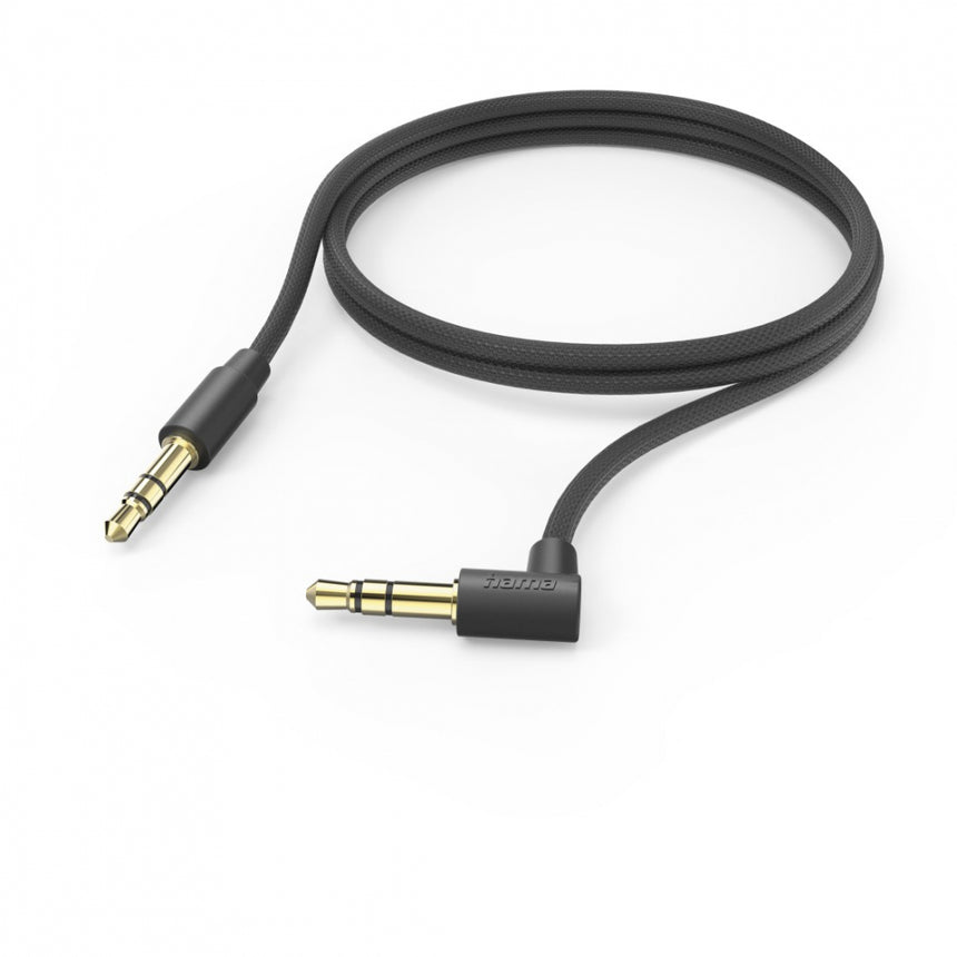 Cablu audio Aux, HAMA, mufa de 3.5 mm - mufa 3.5 mm, inclinat 90°, 1 m, Negru