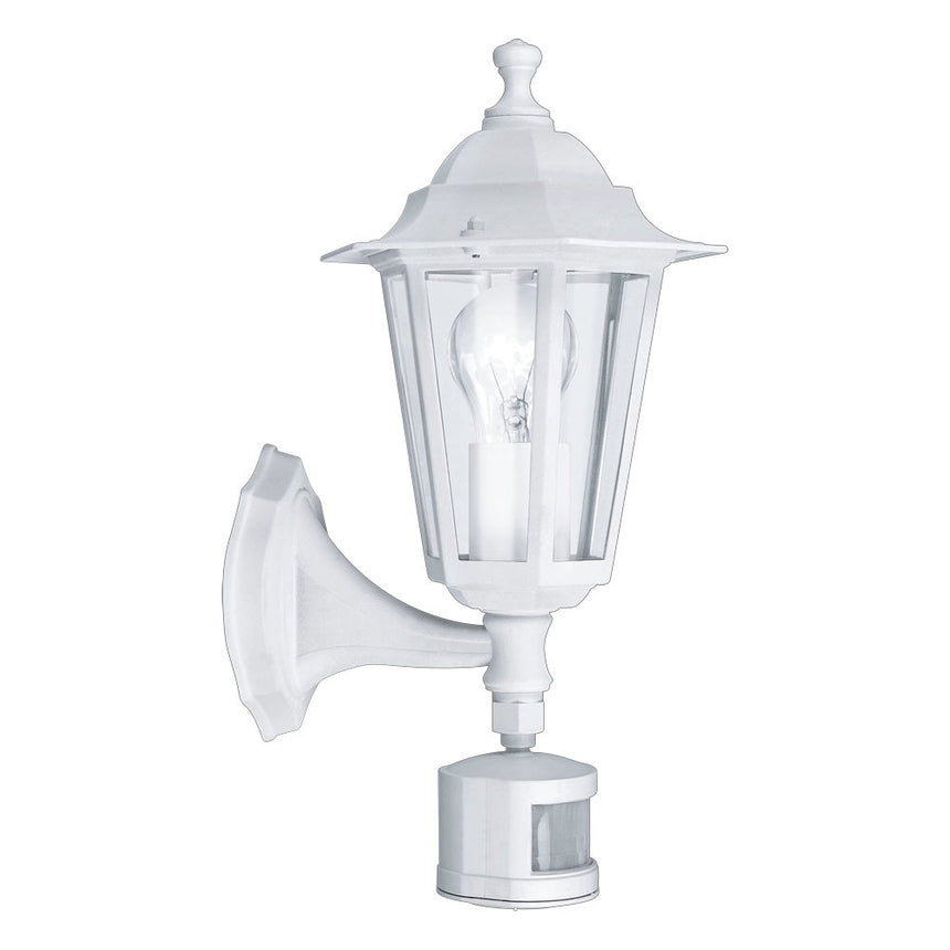 Aplica exterior cu senzor LATERNA 5, EGLO, 1xE27, aluminiu turnat, alb, sticla, 36 x 21.5 x 16.5 cm, IP44