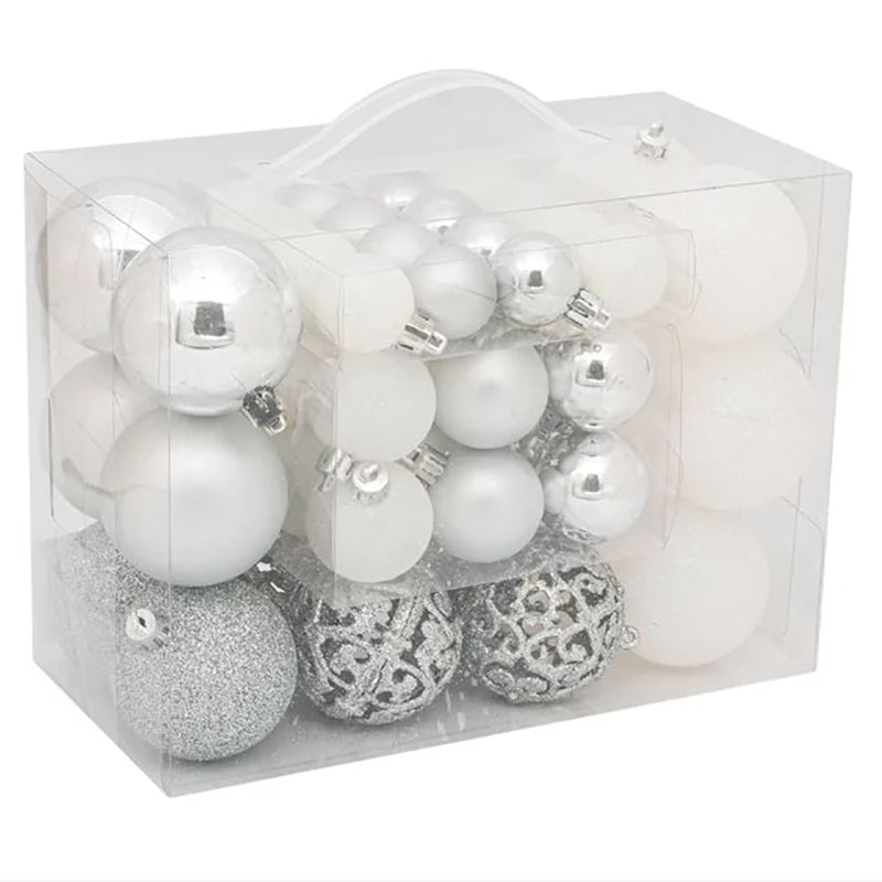 Globuri Craciun, Value Pack, Set 50 Bucati, Culoare Argintiu/Alb, Dimensiuni 3-4-6 cm, Material Plastic