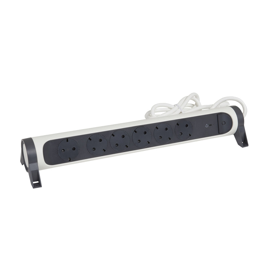 Prelungitor rotativ Legrand Revolution L694509, cu intrerupator iluminat, 6 prize, protectie supratensiune, indicator LED, sectiune cablu 3x1.5mm, cordon 1.5m, Alb/Gri