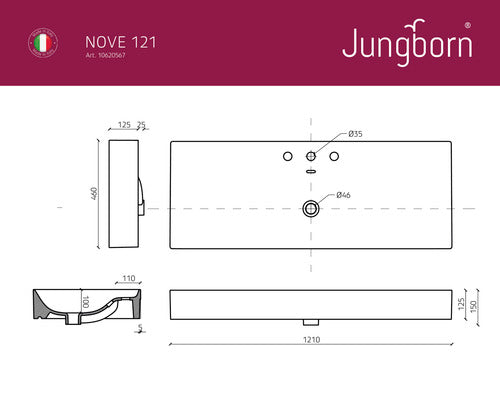 Lavoar ceramica Jungborn Nove 121 cm alb lucios