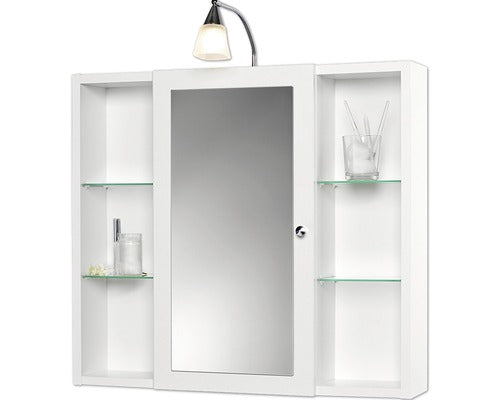 Dulap baie cu oglinda Sieper Latina, iluminare cu halogen si rafturi laterale, lemn/aluminiu, 72x78 cm, alb, IP 20