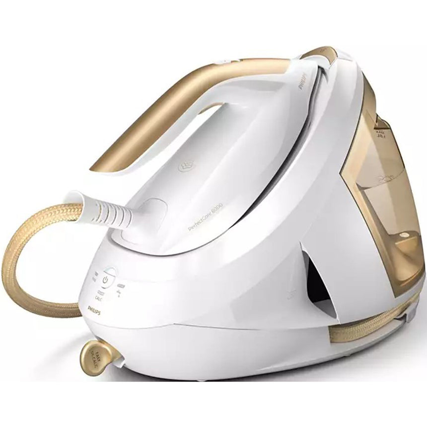 Statie de calcat cu abur Philips PerfectCare seria 8000 PSG8040/60, 2700W, Tehnologie Optimal Temp, 8 bari, Jet de abur 170g/min, Functie Easy De-calc plus, Talpa fier SteamGlide Elite, Oprire automata, Rezervor de apa 1.8L, alb&auriu