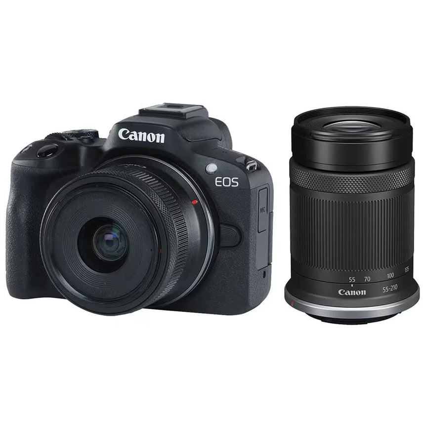 Aparat foto Mirrorless Canon EOS R50, 24.2MP, 4K + Obiectiv 18-45mm + Obiectiv 55-210mm, Negru