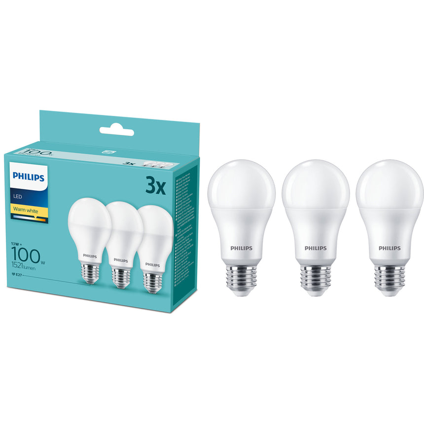 Set 3 becuri LED Philips, E27, 13W (100W), 1521 lm, lumina alba calda (2700K)
