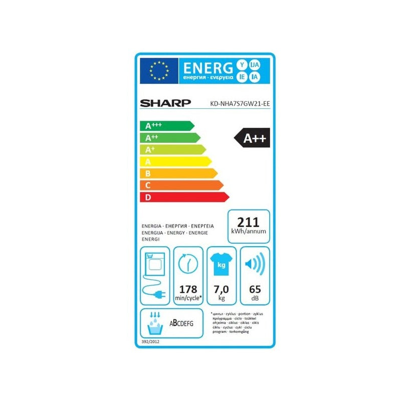 Uscator de Rufe SHARP KD-NHA7S7GW21-EE, Pompa de Caldura, 7 kg, 15 programe, Clasa A++, Alb