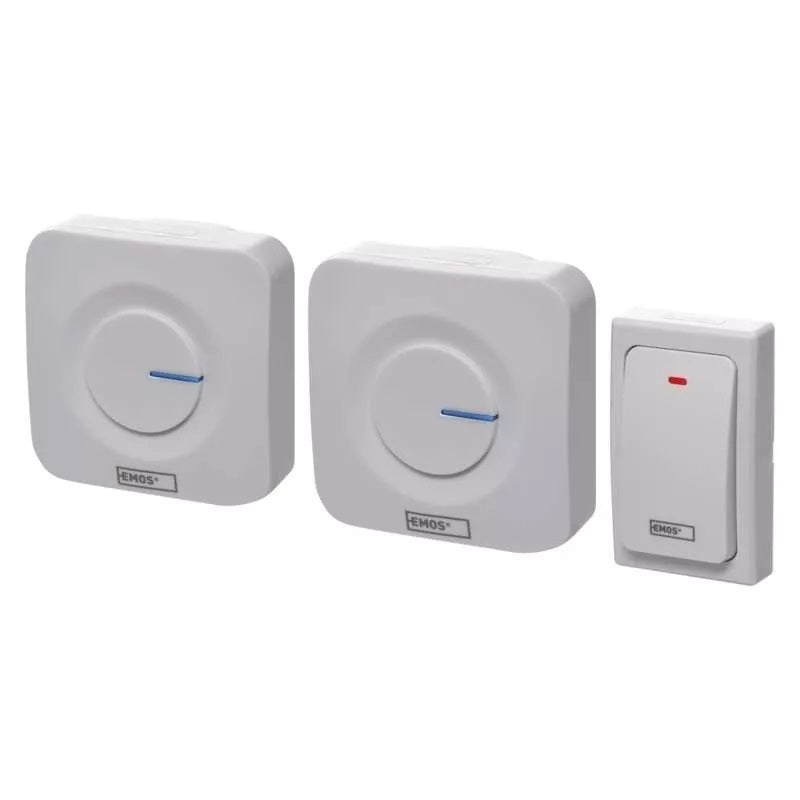 Sonerie wireless Emos AC P5731, 2 sonerii, buton fara baterii, semnalizare luminoasa, 230V AC, 36 tonuri, volum reglabil, 90 dB, 180 m, Alb
