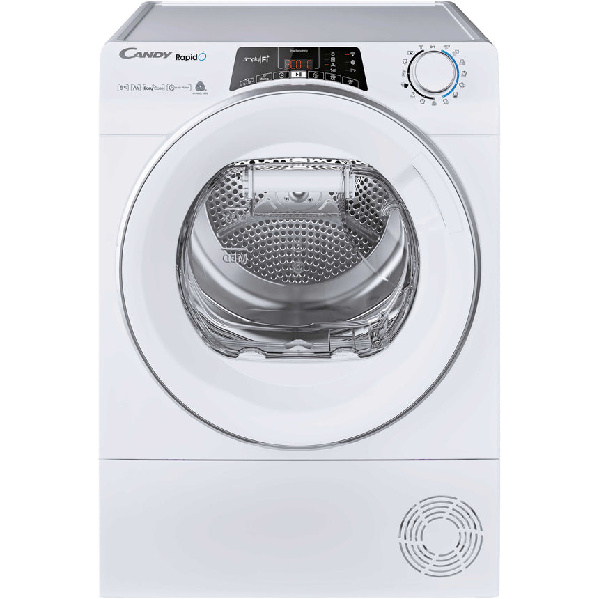 Uscator de rufe Candy RO H8A3TSEX-S, Pompa de caldura, 8 kg, Clasa A+++, Motor Inverter, Conectivitate Wi-Fi+Bt, Easy Case, Dry Senzor, Alb