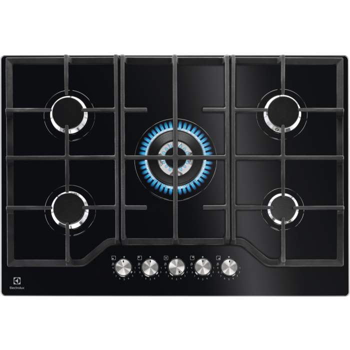Plita incorporabila Electrolux KGG75362K, Gaz, 5 arzatoare, Aprindere electrica integrata, Dispozitiv siguranta, Gratare fonta, 75 cm, Negru