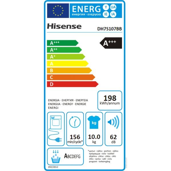 Uscator de Rufe HISENSE DH7S107BB, Pompa de Caldura, 10 kg, 20 Programe, Clasa A+++, Wi-Fi, Negru
