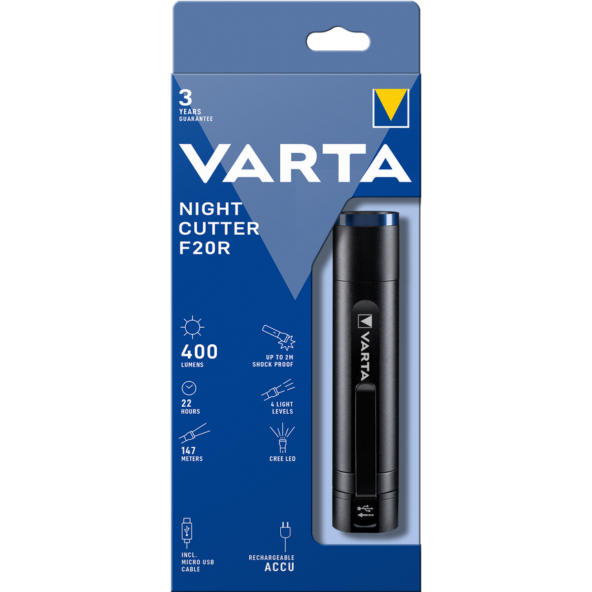 Lanterna LED reincarcabila Varta Night Cutter F20R, 400 lm, USB, Li-Ion 2600 mAh, IPX4, Aluminiu