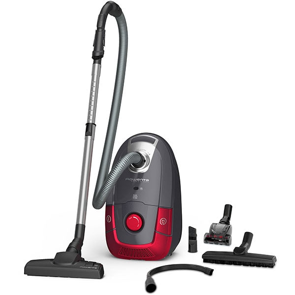 Aspirator cu sac Rowenta Power XXL RO3186EA, 4.5 L, 450 W, 3 trepte de filtrare, sac Hygiene+, lungime cablu 8.4m, recipient praf 4.5L, perie EasyBrush, Rosu/ gri