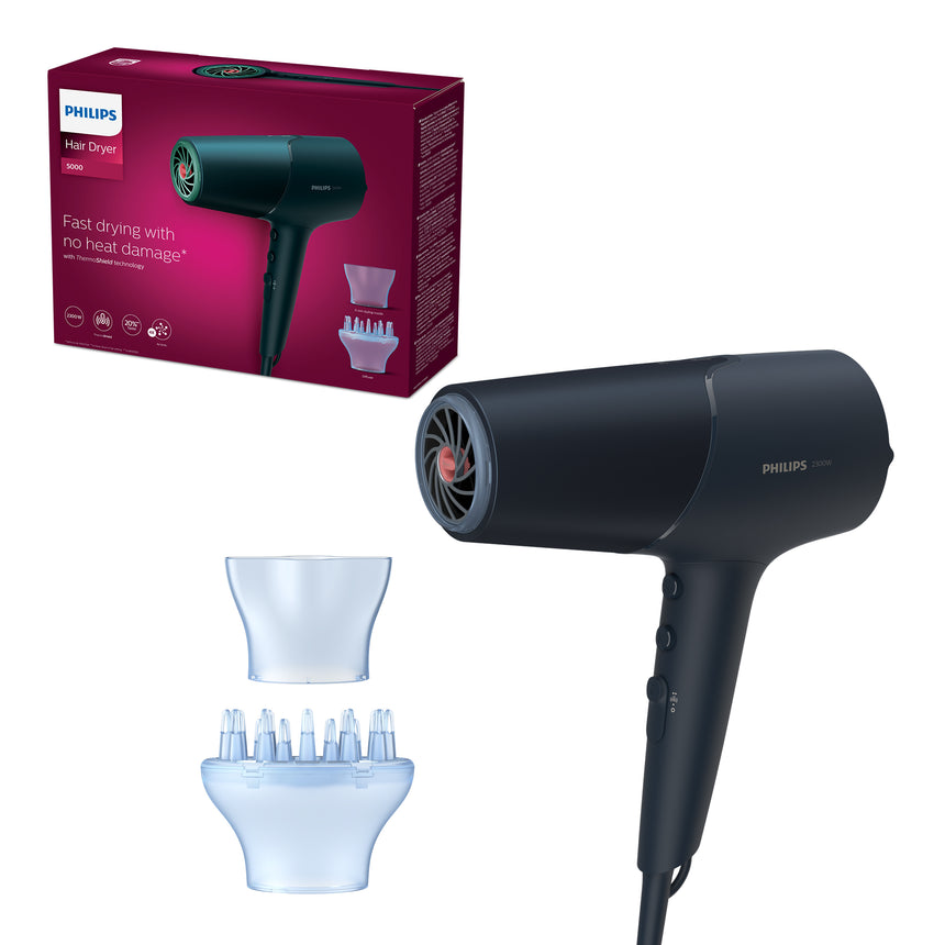Uscator de par Philips BHD512/00, 2300W, tehnologie ThermoShield, ingrijire cu ioni, 3 setari de temperatura, 2 setari de viteza, difuzor, cap de coafare 11 mm, Albastru inchis metalizat