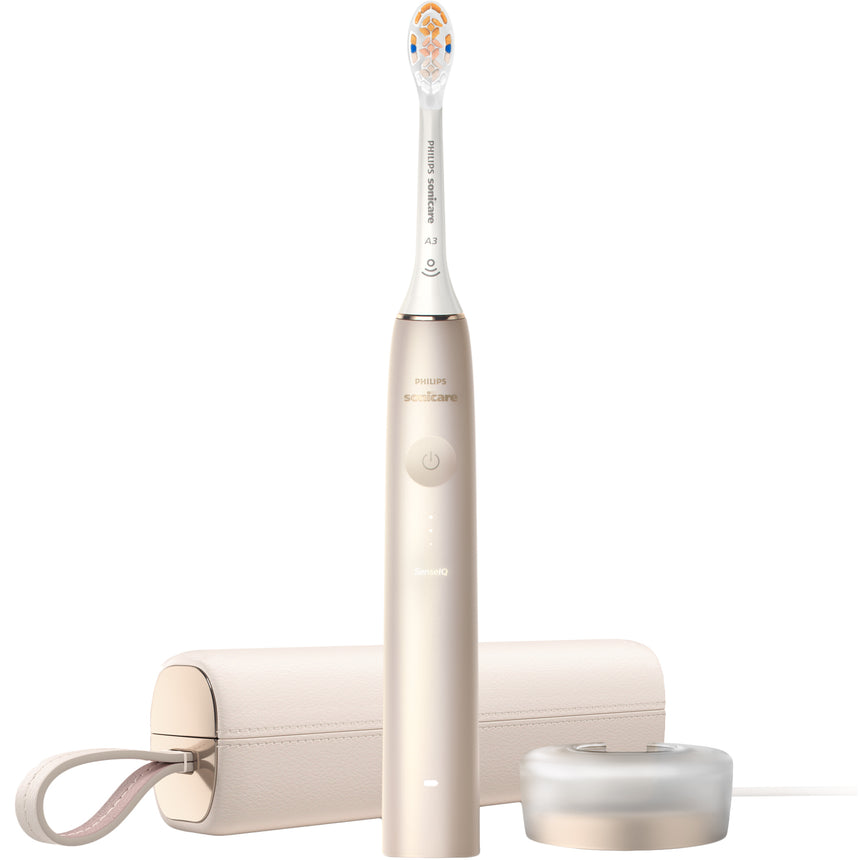 Periuta electrica sonica Philips Prestige 9900 HX9992/11, 62000 miscari/minut, tehnologie SenseIQ, aplicatie Sonicare cu inteligenta artificiala, wireless Bluetooth, senzori integrati, 5 moduri personalizabile, 1 cap de periere, Champagne