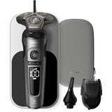 Aparat de barbierit PHILIPS Shaver Seria 9000 Prestige SP9872/15, barbierit umed/uscat, tehnologie SkinIQ, fara fir, capete Ultraflex, senzor Smart Hair, lame NanoTech, 60 min, incarcare Wireless, suport de incarcare, toc de transport premium, Gri