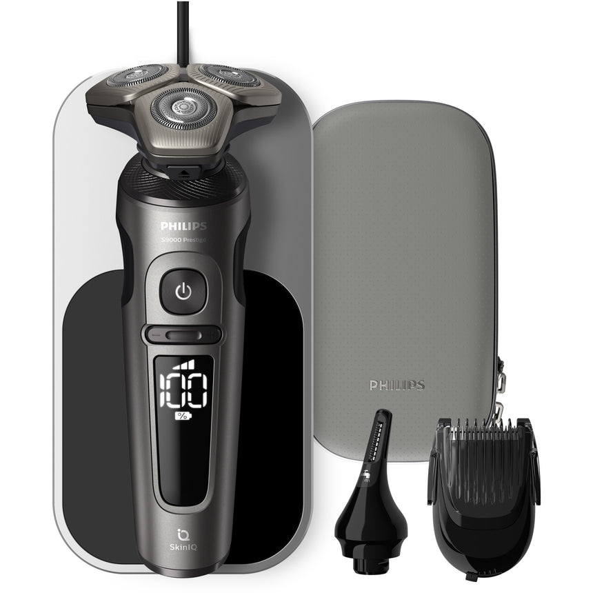 Aparat de barbierit PHILIPS Shaver Seria 9000 Prestige SP9872/15, barbierit umed/uscat, tehnologie SkinIQ, fara fir, capete Ultraflex, senzor Smart Hair, lame NanoTech, 60 min, incarcare Wireless, suport de incarcare, toc de transport premium, Gri