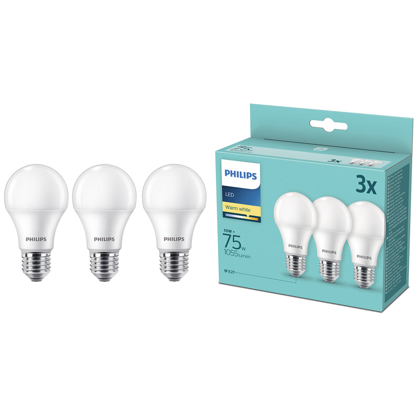 Pachet 3 becuri LED Philips, E27, 10W (75W), 1055 lm, lumina alba calda, clasa energetica F