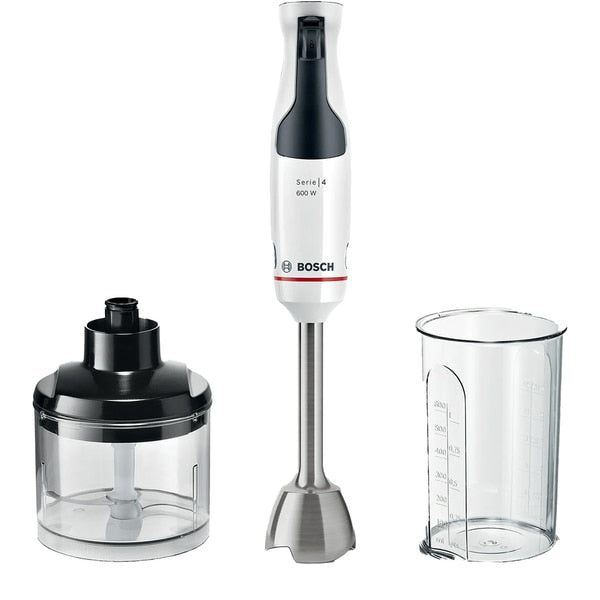 Mixer vertical Bosch ErgoMaster MSM4W220, 600 W, minitocator,vas gradat, cutit QuattroBlade System cu 4 laturi, negru/argintiu