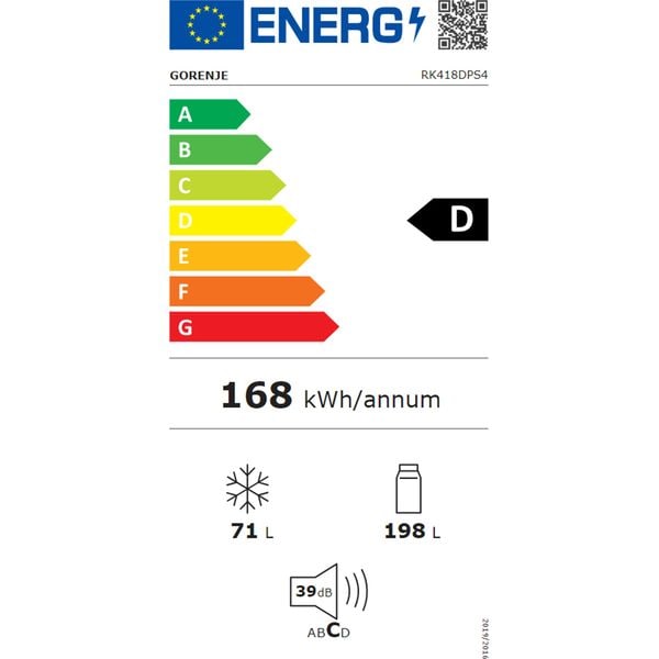 Combina frigorifica Gorenje RK418DPS4, 269 L, clasa energetica D, LED, H 180 cm, Inox