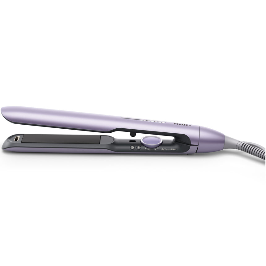 Placa de indreptat parul Philips Seria 7000 BHS742/00, tehnologie ThermoShield, placi infuzate cu ulei de argan, 230°C, ingrijire ioni minerali, 12 setari temperatura, timp incalzire 30 sec, husa termorezistenta, Violet metalizat