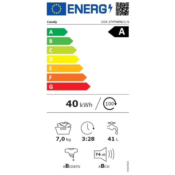 Masina de spalat, Candy CO4 274TWM6/1-S, 7 kg, Wi-Fi, Ecran tactil, Clasa energetica A, Alb