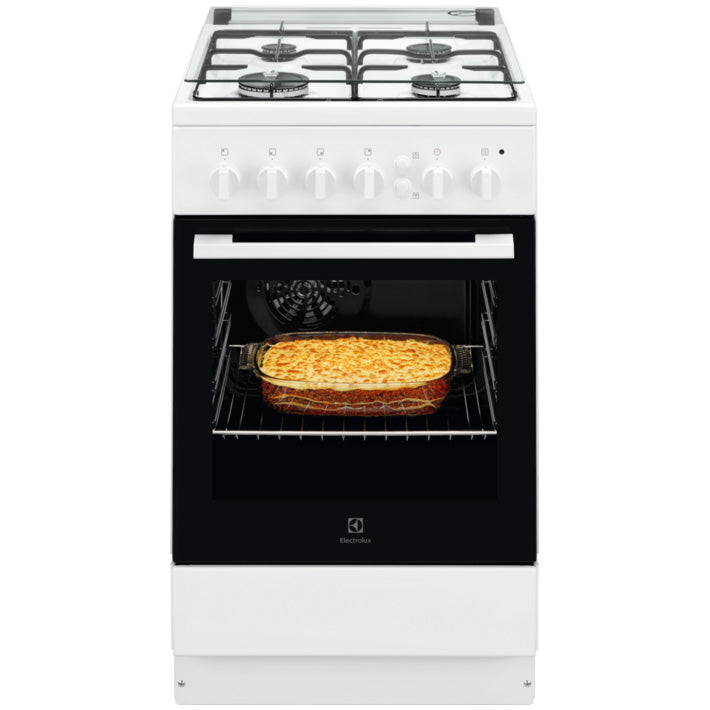 Aragaz Electrolux LKG504000W, Gaz, 4 arzatoare, Autocuratare catalitica, Aprindere integrata plita, Grill electric, 50 cm, Alb