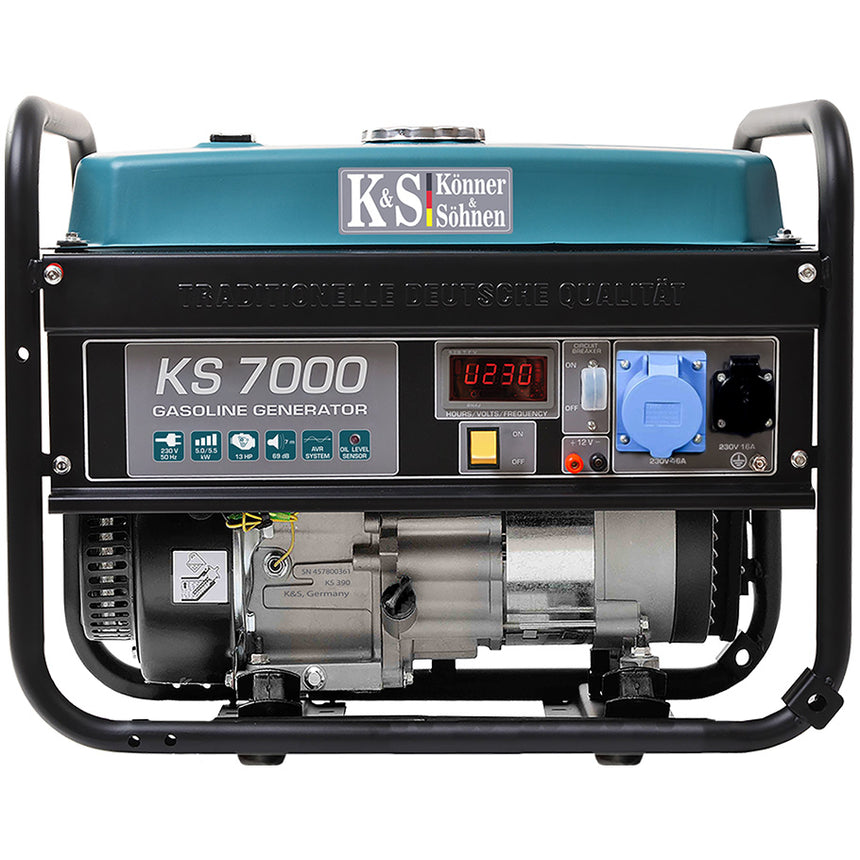 Generator curent electric Könner&Söhnen KS 7000, 6.7 CP, 5000 W, stabilizator de tensiune (AVR), monofazat, 2 prize, 17 h autonomie maxima, benzina