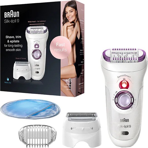 Epilator Braun Silk-épil 9 9/700 SensoSmart™, Micro-Grip, Wet & Dry, 40 pensete, 2 viteze, Saculet pentru voiaj, Alb/Mov