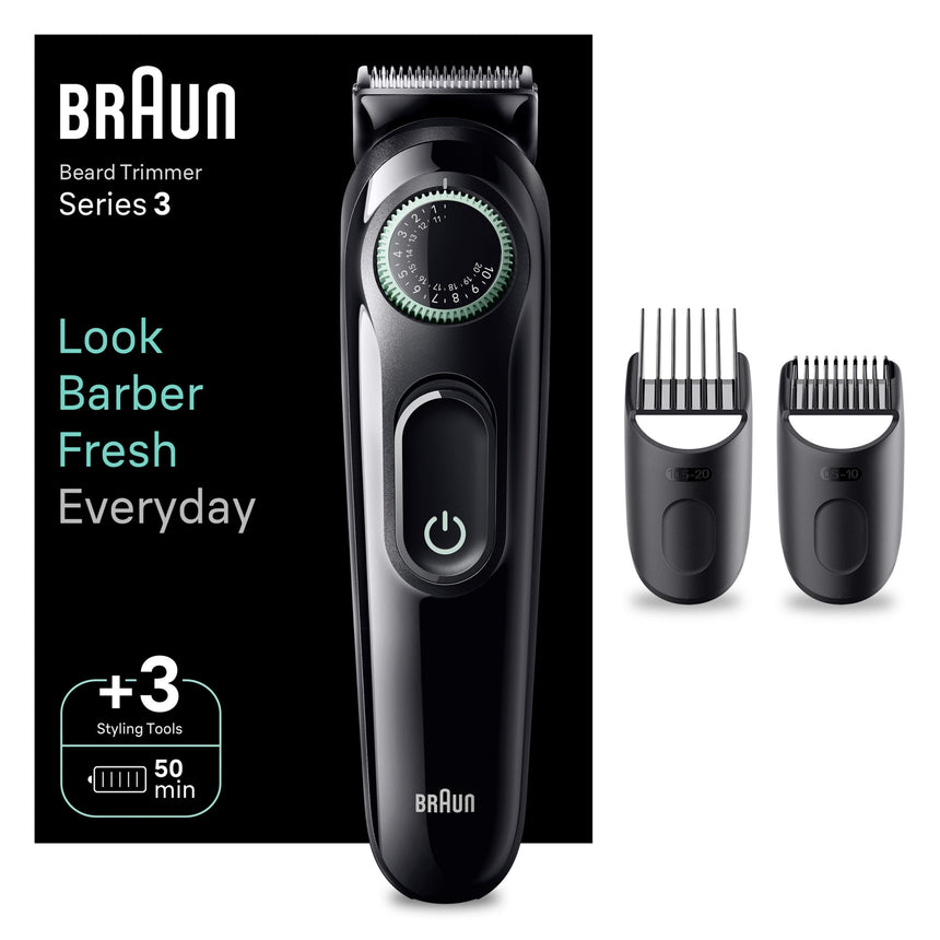 Aparat de tuns barba Braun Beard Trimmer BT3411, Wet&Dry, buton rotativ de precizie, 40 de setari pentru lungime, 2 piepteni, autonomie 50 minute, Negru/Verde