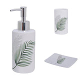 Set dozator, pahar si savoniera, Frandis, ceramica, alb/verde/bej, model Feuilles